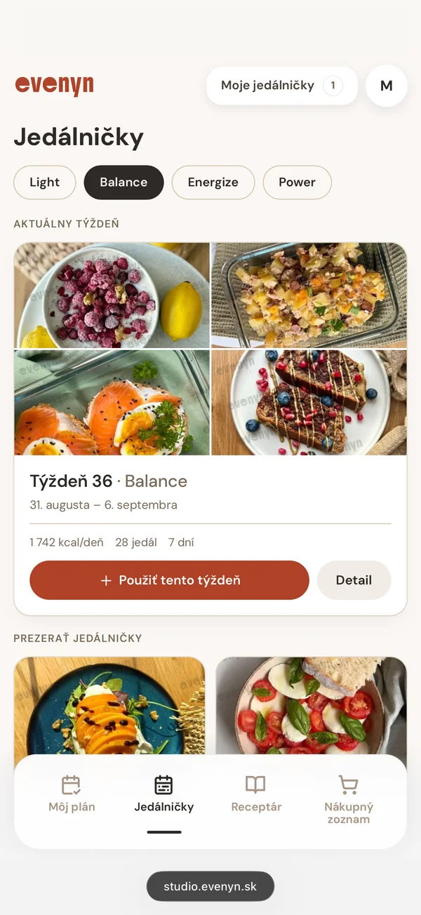 Obrazovka Jedálničky v štúdiu Evenyn