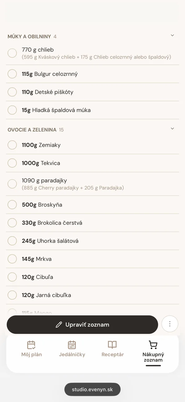 Nákupný zoznam v štúdiu Evenyn